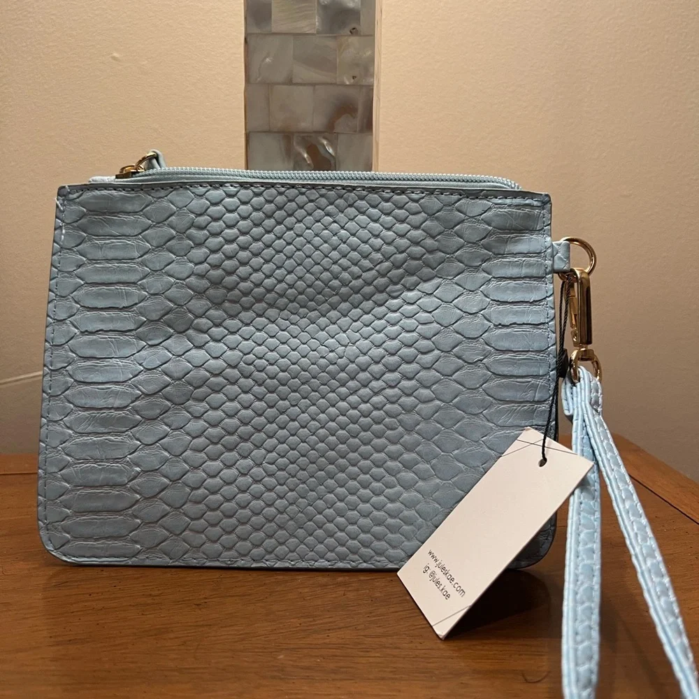 Jules Kae Darla Vegan Leather Croc Embossed Wristlet Pouch Baby Blue